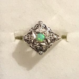 Victorian inspired green fire opal silver ring